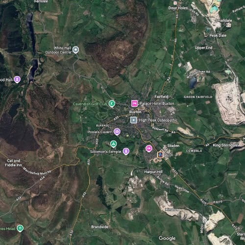 A screenshot of a Google Map of Buxton and the surrounding areas